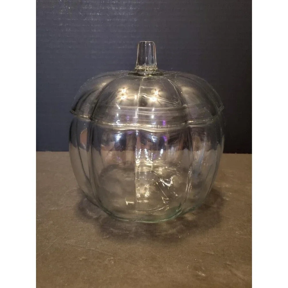 Anchor Hocking Pumpkin Cookie Jar Candy Glass Dish W/ Lid 7” Fall Halloween Vtg